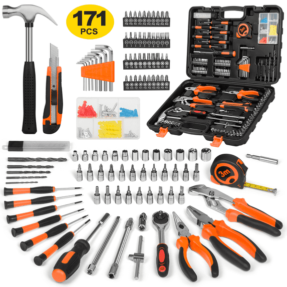 Cshidworld 171 Piece Household Tool Kit/Mechanics Tool Set, Socket Wrench Auto Repair Tool Combination Package 1/4" Ratchet Wrench, Hand Mechanics Tools Kit Socket Set with Plastic Toolbox