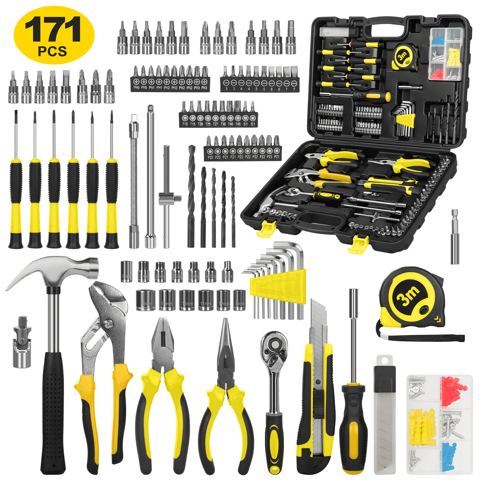171 Piece Socket Wrench Auto Repair Tool Combination Package 1/4" Ratchet Wrench, Household Tool Set General Mechanic Tool Kit and Socket Set, Mixed Tool Set Hand Tool Kit with Toolbox Storage Case