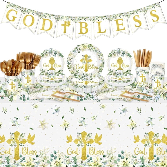 171 Pieces God Bless Baptism Party Supplies First Communion Tableware Set Serves 24 Guests Baptism Plates Napkins Cups Tablecloth for Newborn Baby Shower Christening Party Decoration(Green)