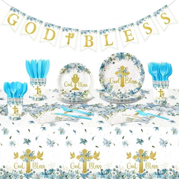 171 Pieces God Bless Baptism Party Supplies First Communion Tableware Set Serves 24 Guests Baptism Plates Napkins Cups Tablecloth for Newborn Baby Shower Christening Party Decoration (Blue)
