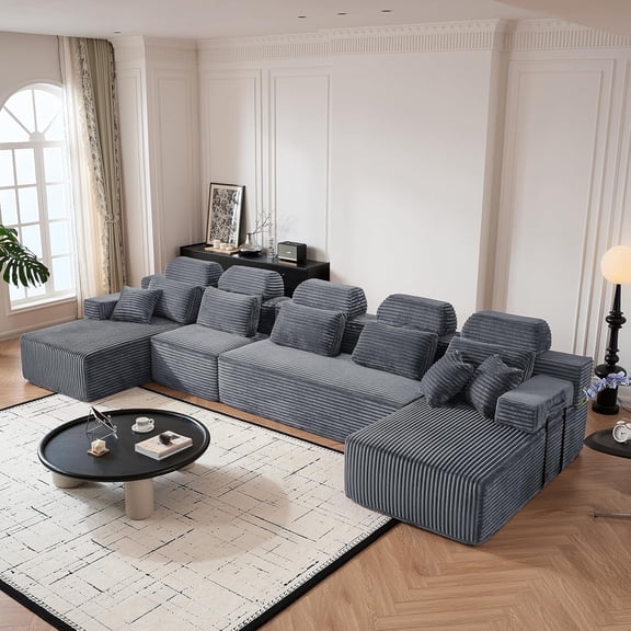 171" U-Shaped Modular Cloud Sofa, Ultra Plush Corduroy Living Room Sectional Couch with Reversible Chaise & Headrest, No Assembly, Modern Boneless Design (Dark Gray, 171" U-shapred Chaise)