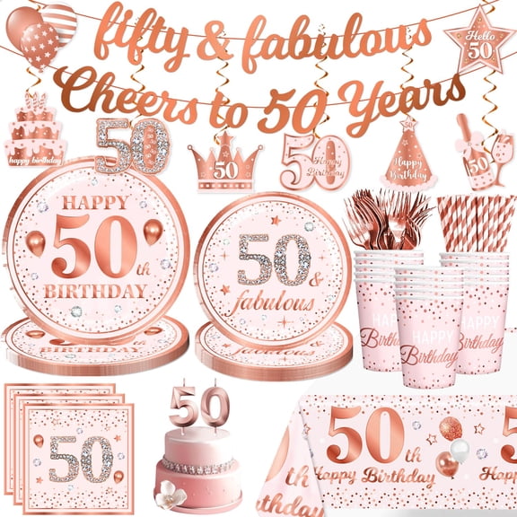 171Pcs 50th Birthday Decorations for Women Tableware Set Serves 25 Guests, 50 and Fabulous Supplies Include Banner, Candle, Plates and Tablecloth Etc, for Happy 50th Birthday Decorations Y102