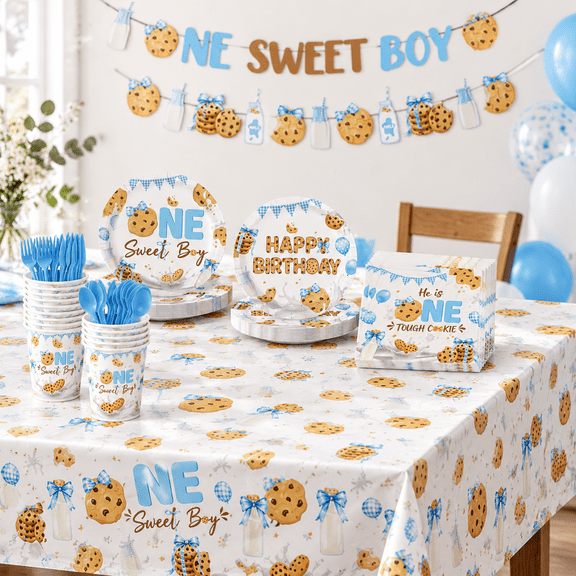 171Pcs Cookie Boy 1st Plates Cookie Themed 1st Birthday Party Tableware Set Serves 24
