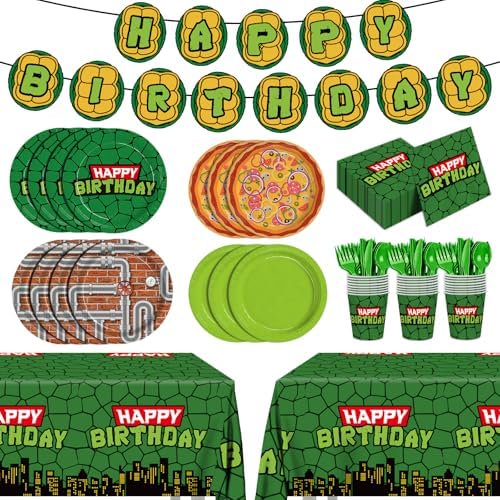 171pcs Turtle Birthday Party Supplies Include Plates Napkins Cups Tablecloths Banner Forks Knives Spoons for Kids Birthday Party Decorations Disposable Decor Paper Tableware Set Serves 24 People