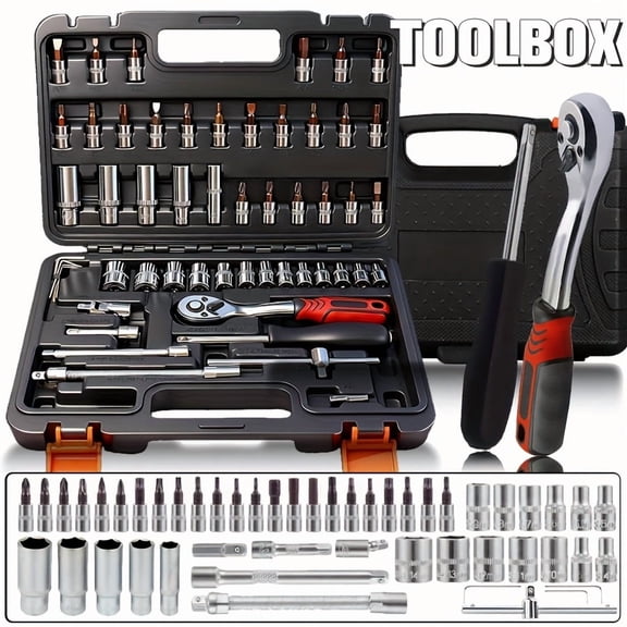 172/53+1PCS Home Manual Toolbox Set - Portable Handheld Kit with Ratchet Wrench & Multi-Size Sockets, Christmas/Halloween Gift for Car/Motorcycle Repair & Household Use