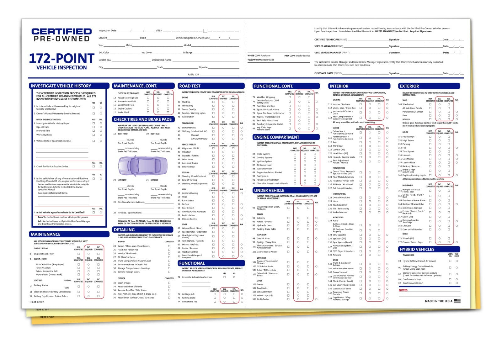 172 POINT VISUAL INSPECTION CAR SHEET 2 PART FORM #172 POINT 100 PER ...