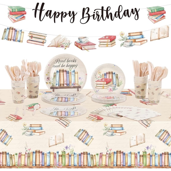 172 Pcs Book Themed Birthday Decorations 24 Set Book Birthday Party Tableware Included Disposable Tablecloths Plates Cups Napkins Banners Cutlery for Library Reading Storybook Party Decor
