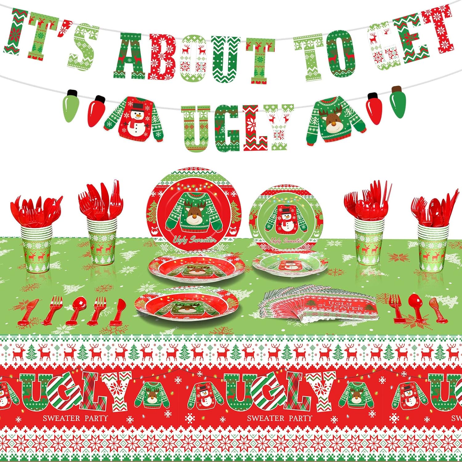 Funny Ugly Sweater Christmas Tablecloth - Disposable Holiday Table Cover, 54x108 Inches, For Parties & Festive Gatherings
