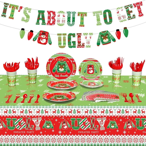172-Piece Christmas Ugly Sweater Dinnerware Set - Disposable Party Supplies for 24 Guests, Includes Plates, Cups, Napkins, Cutlery, Tablecloths & Banner, Red & Green Themed Holiday Tableware