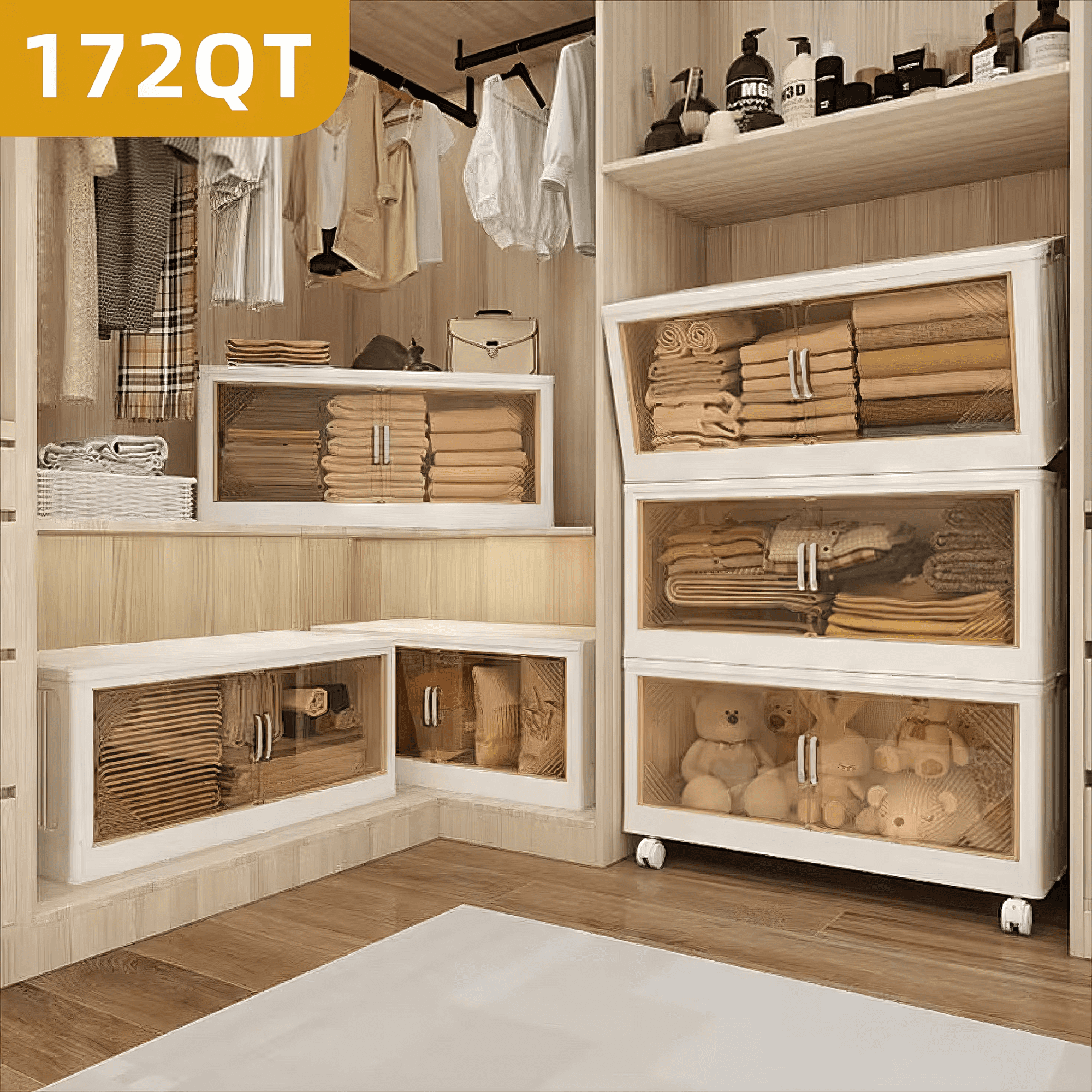 172 QT Foldable Storage Box with Clear Door, 3-Tier Large Capacity ...