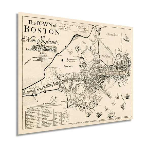 1722 Map of Boston Massachusetts - Vintage Map Wall Art of the Town of Boston in New England - Boston Map Poster - Boston Map Wall Art - Vintage Boston Poster