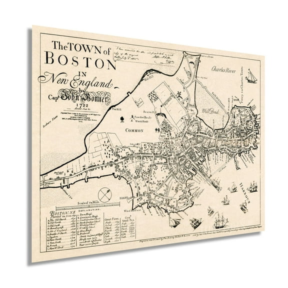 1722 Map of Boston Massachusetts - Vintage Map Wall Art of the Town of Boston in New England - Boston Map Poster - Boston Map Wall Art - Vintage Boston Poster