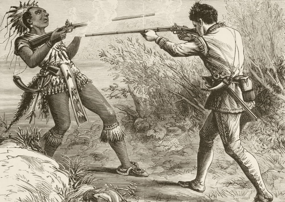 In 1725 During Lovewells Fight An Incident In Dummers War The Indian Chief Paugus Is Killed By An English Militiaman From A 19Th Century Illustration Canvas Art - Ken Welsh  Design Pics (34 x 24)