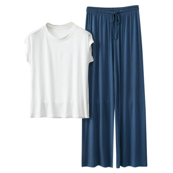 1728 Women's 2 Piece Pajama Set - Solid Color Loose Short Sleeve Top and Wide Leg Pants, Adjustable Fit, Polyester Spandex, All Season, M-XXL