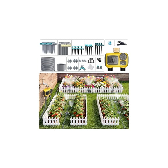 172FT Drip Irrigation System Kit with 2 Zone Water Timer,1/2" High-Flow Mainline Automatic Watering System,26PCS 360Adjustable Nozzles,6-Way Fast-Plug for Agricultural Yard,Lawn