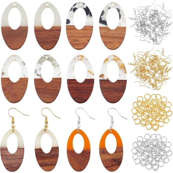 172PCS Resin Wooden Earring Pendants Hollow Oval Resin Walnut Wood Jewelry Findings Goldleaf Resin Wood Statement Jewelry Findings for Necklace and Earring Making Making DIY
