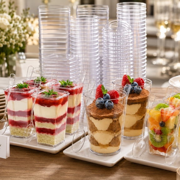 172Pcs Mini Dessert Cups with Lids and Spoons Clear Plastic Shooter Cups Disposable Square Parfait Containers with Lids Round Dessert Cake Containers for Party Appetizer Pudding Christmas