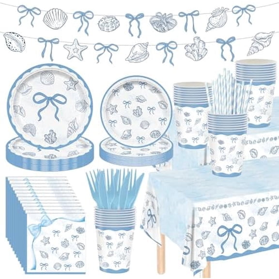 172Pcs Seashell Party Supplies Include Seashell banner-Seashell Party Plates-Napkins-Cups-Straw-Cutlery and Beach Tablecloth for The Summer I Turned Pretty Party Decor for 24 GuestS