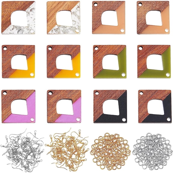 172pcs Hollow Square Resin Wooden Earring Pendants Resin Walnut Wood Earring Makings Kit Vintage Resin Wood Statement Jewelry with Earring Hooks Jump Rings for Jewelry Making - 6 Styles Mixed Color