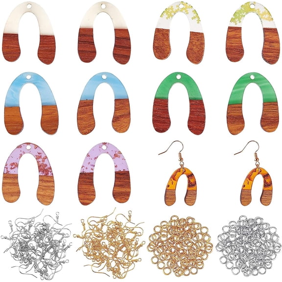 172pcs Resin Wooden Earring Pendants U Shape Resin Walnut Wood Earring Findings Vintage Resin Wood Statement Earring Findings for Necklace and Earring Making - 6 Colors