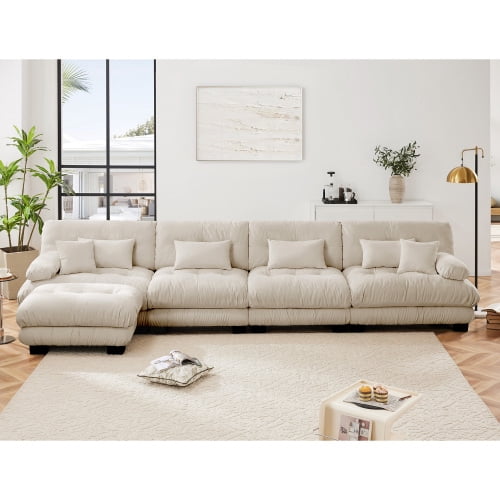 173" Free Combination Modular Sectional Sofa, L-Shaped 4-Seater Cloud Couch with Convertible Ottoman, Vintage Chenille, Light Coffee