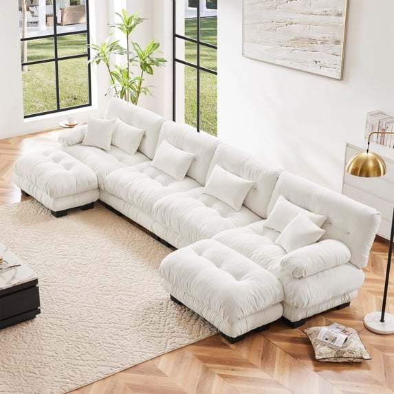 173" Modular Sectional Sofa, Oversized U Shaped Cloud Couch with Movable Ottomans and Double-Layer Cushions, Comfy Fluffy Chenille 6 Seat Sofa for Living Room, White