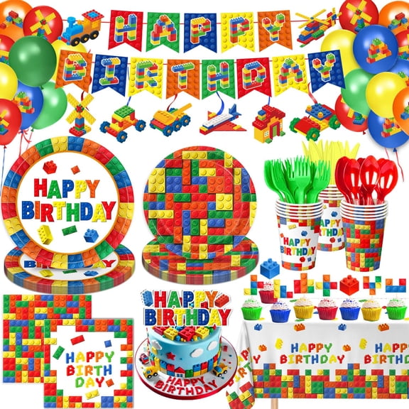 173 PCS Building Block Birthday Party Decorations - Plates, Napkins, Cups, Cutlery, Cake & Cupcake Toppers, Banner, Hanging Swirls, Tablecloth, Balloons for Boys' Kids' Birthday Party, Serves 20 Y114