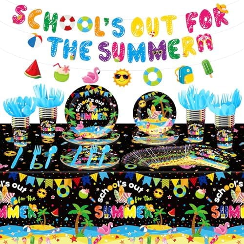 173 Pcs School's out for the Summer Tableware End of School Year Party Supplies Set Summer Final Term Theme Dinnerware Serve for 24 Guests Hawaiian Luau Holiday Class of 2024 Party Supplies