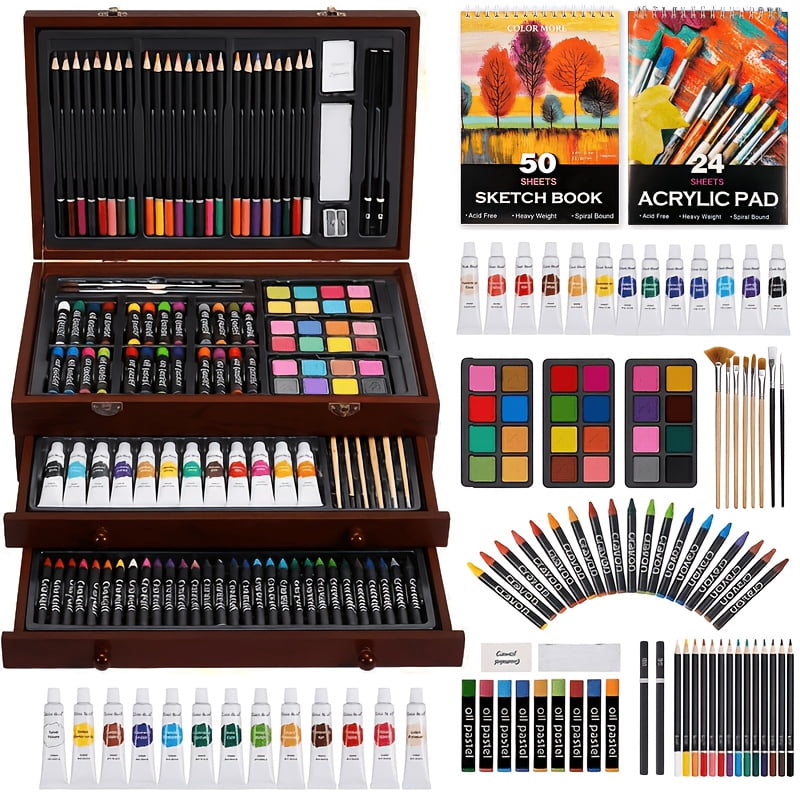 173-Piece Deluxe Wooden Art Set with Drawing Pads, Paint Brushes, Acrylic & Gouache Paints, Colored Pencils, Crayons, and Wooden Storage Case
