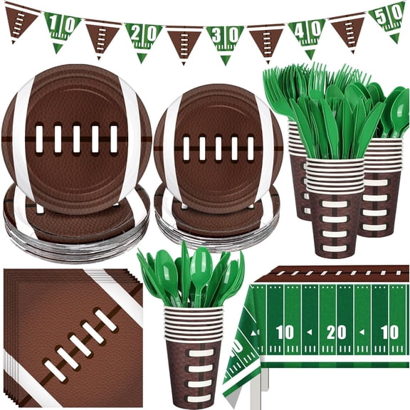 173-Piece Football Party Tableware Set - Serves 24 Guests, Includes Plates, Cups, Cutlery, Tablecloths & Banners - Disposable Super Bowl, Game Day, Birthday Party Decorations