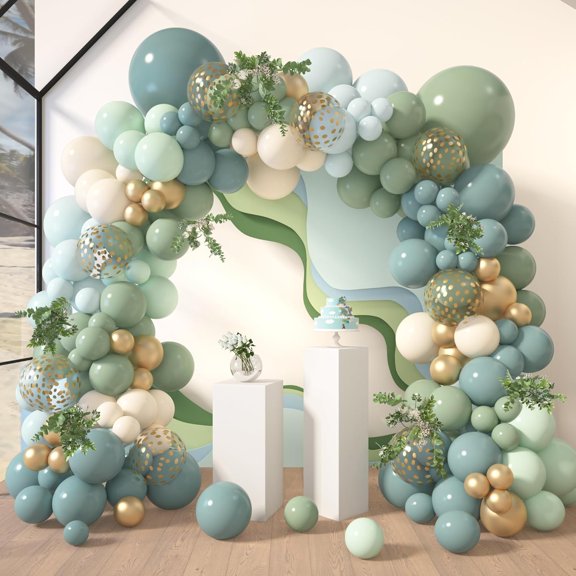 173Pcs Dusty Blue Green Balloon Garland Arch Kit, Haze Fog Blue Ash Mist Sage Green Sand White Gold Confetti Balloons for Wedding Bridal Boho Birthday Party Backdrop Decorations