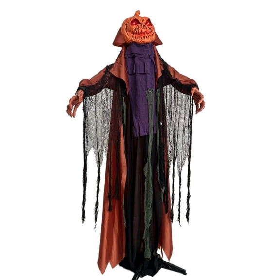 173cm Motion Activated Standing Pumpkin Ghost Animatronic with Flashing Red Eyes and Wobbling Body, Outdoor Yard Prop for Porch, Garden, and Festive Scene.