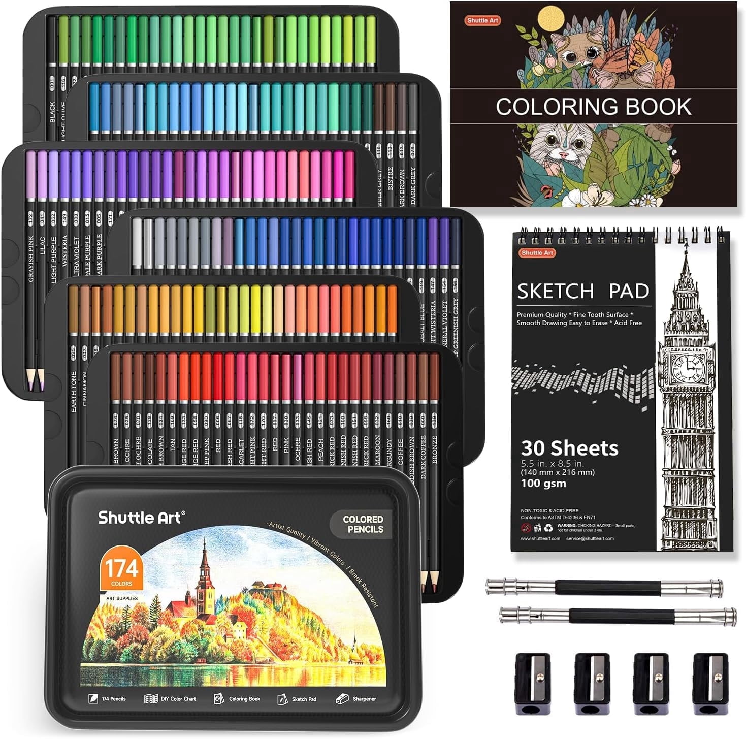 Shuttle Art, Colored Pencils, 174 Colors, Art Set with Sketch Pad
