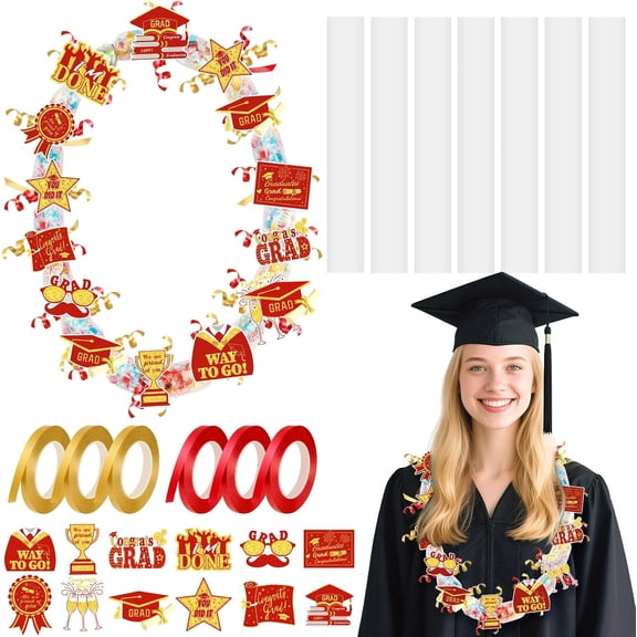 174 Pcs Graduation Candy Lei Making Kit, 24 Pcs Poly Tubing 6 Rolls Ribbons 144 Graduation Paper Cut Graduation Candy Garland for Congrats Grad Class of 2026 Graduation Wreaths DIY Gift