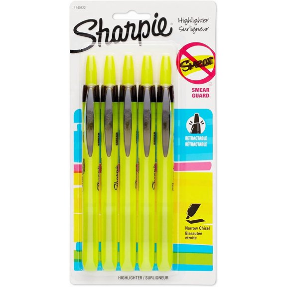 SHARPIE 1740822 Accent Retractable Highlighter, Chisel Tip, Fluorescent Yellow, 5-Count