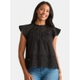 thumbnail image 1 of Time and Tru Women's Eyelet Top with Flutter Sleeves, Sizes XS-XXXL, 1 of 5