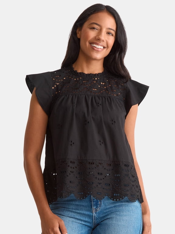 Women's Eyelet Top with Flutter Sleeves, Sizes XS-XXXL