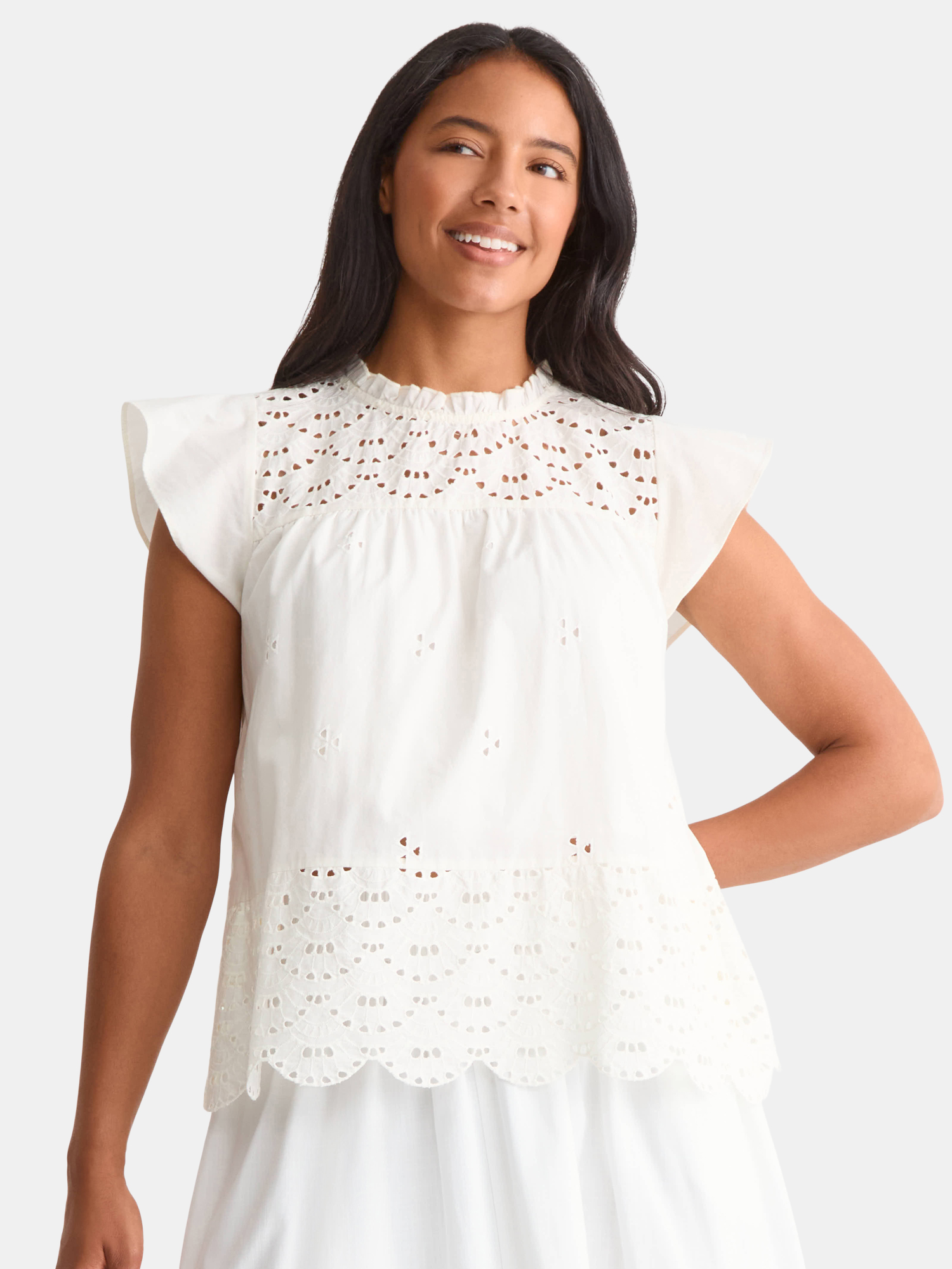 Time and Tru Women's Eyelet Top with Flutter Sleev