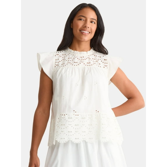 Time and Tru Women's Eyelet Top with Flutter Sleeves, Sizes XS-XXXL