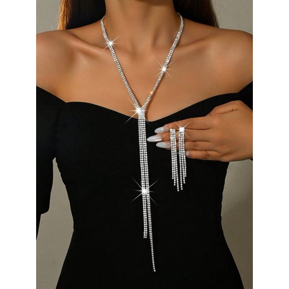 1749 Silver Rhinestone Y-Style Long Tassel Necklace For Women