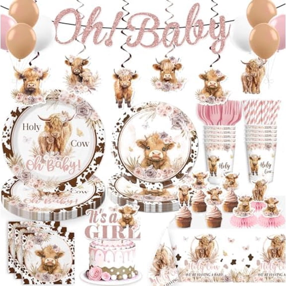 174pcs Highland Cow Baby Shower Decorations Tableware, Serves 25 Guests, Cow Baby Shower Decorations includes Banner Cake Topper Plates and Napkins etc, for Girls Highland Cow Theme Party