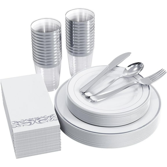 175 Count Silver Dinnerware Set for 25 Guests - Silver Rimmed White Disposable Plastic Plates Heavy Duty, Includes 25 Dinner & Salad Plates, Cups, Cutlery Set for Wedding Parties