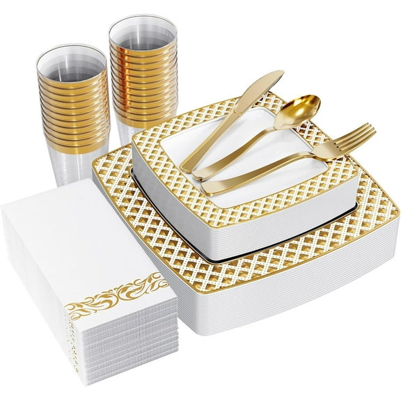 175 Ct Gold Dinnerware Set for 25 Guests - Square Plastic Plates with Diamond Rim, Including 25 Disposable Dinner & Dessert Plates, Napkins, Cups, Cutlery