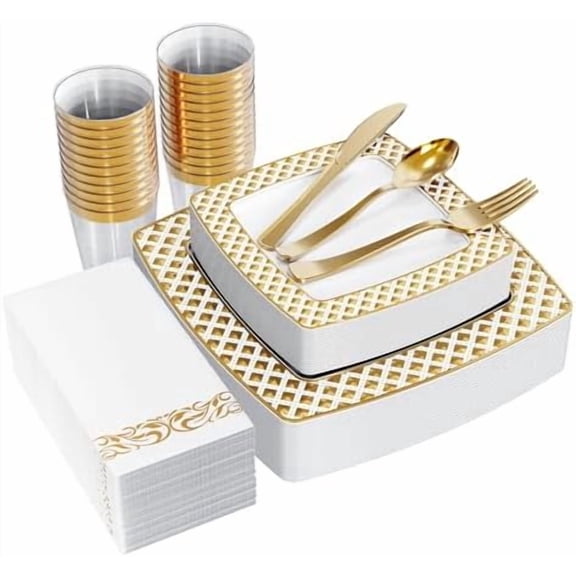 175 Ct Gold Dinnerware Set for 25 Guests - Square Plastic Plates with Diamond Rim, Including 25 Disposable Dinner & Dessert Plates, Napkins, Cups, Cutlery