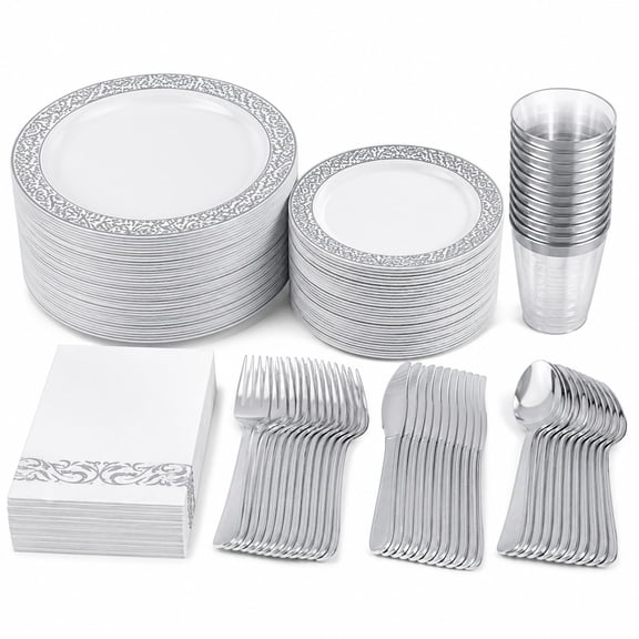 175 Ct Silver Dinnerware Set for 25 Guests: Plastic Plates with Silver Lace Rim, Includes Disposable Dinner Dessert Plates, Cups, Napkins, Cutlery Elegant Silver Finish, Lightweight Shatterproof