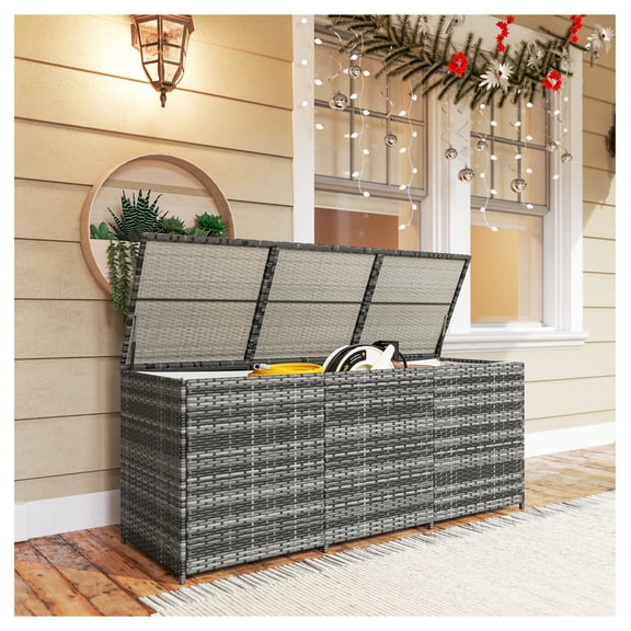 175 Gallon Outdoor Storage Box, PE Rattan Deck Box with Lid, Waterproof Patio Storage Container, Mixed Gray