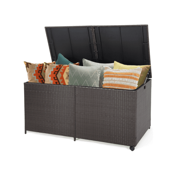 175 Gallon Outdoor Storage Box with Wheels & Liner, Patio Deck Box Coffee Table, Mix Brown PE Rattan, Waterproof, Heavy Duty, Backyard Porch Furniture