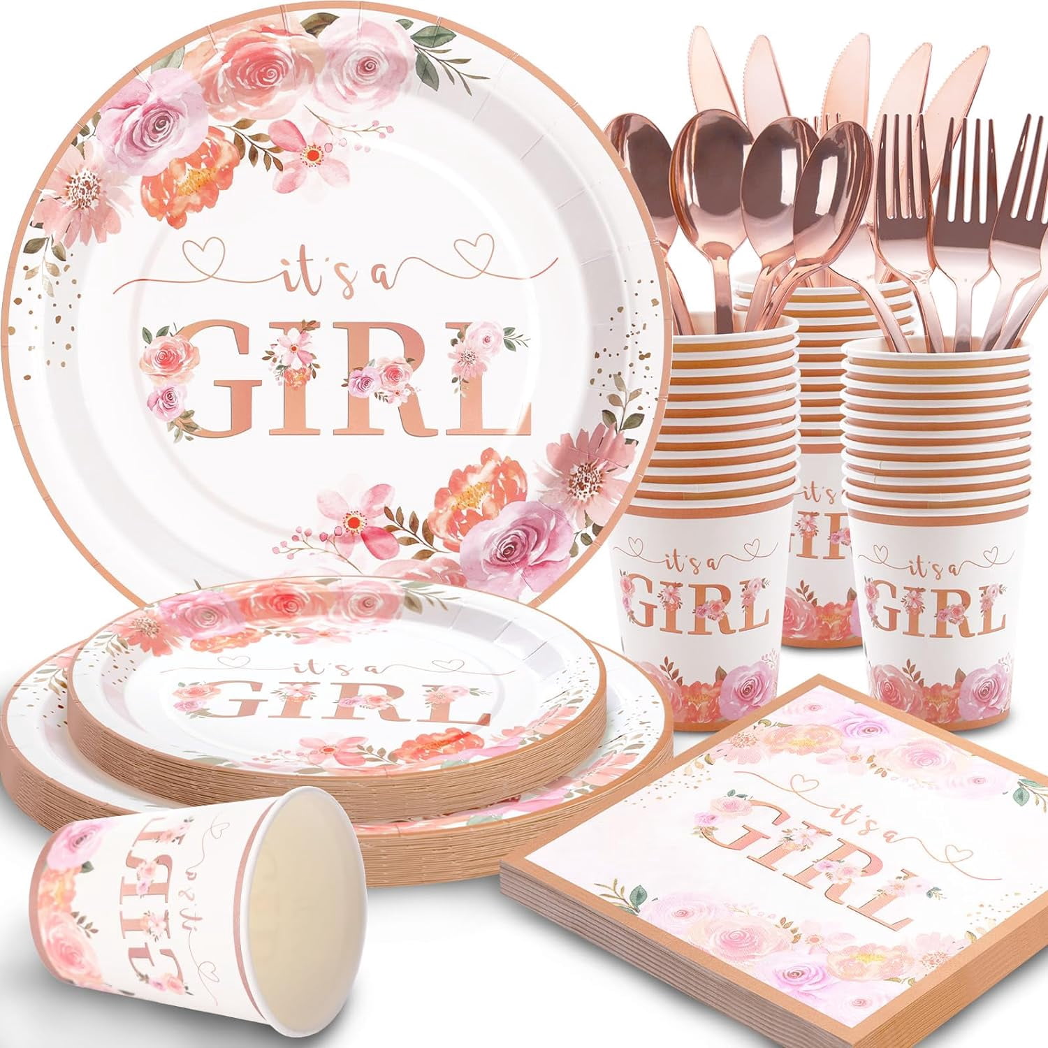 175 PCS Baby Shower Decorations for Girl, Floral Baby Shower Plates and Cups and Napkins Sets Serve 25, It's a Girl Plates Set for Baby Girl Gender Reveal Birthday Party Decorations