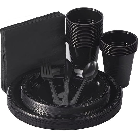 175 PCS Black Party Supplies Disposable Dinnerware Set Plastic Plates and Paper Napkins Cups Silverware Serve 25 Sets for Birthday Bridal Shower Wedding Engagement Graduation Parties
