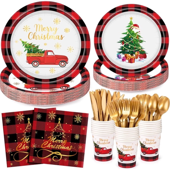 175 PCS Christmas Plates and Napkins Party Set,Christmas Paper Plates Disposable Serve 25 Guests,Xmas Plate Dinnerware,Xmas Dessert Plate Cups Napkins Knives Forks Spoons